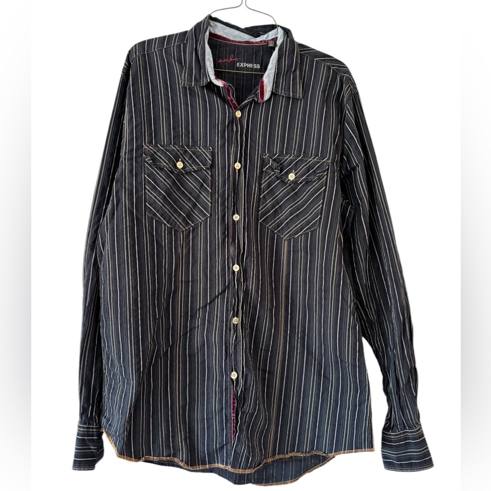 Arnold Stuart for Express Velvet Trim Seersucker Pinstripe Button Down Shirt
